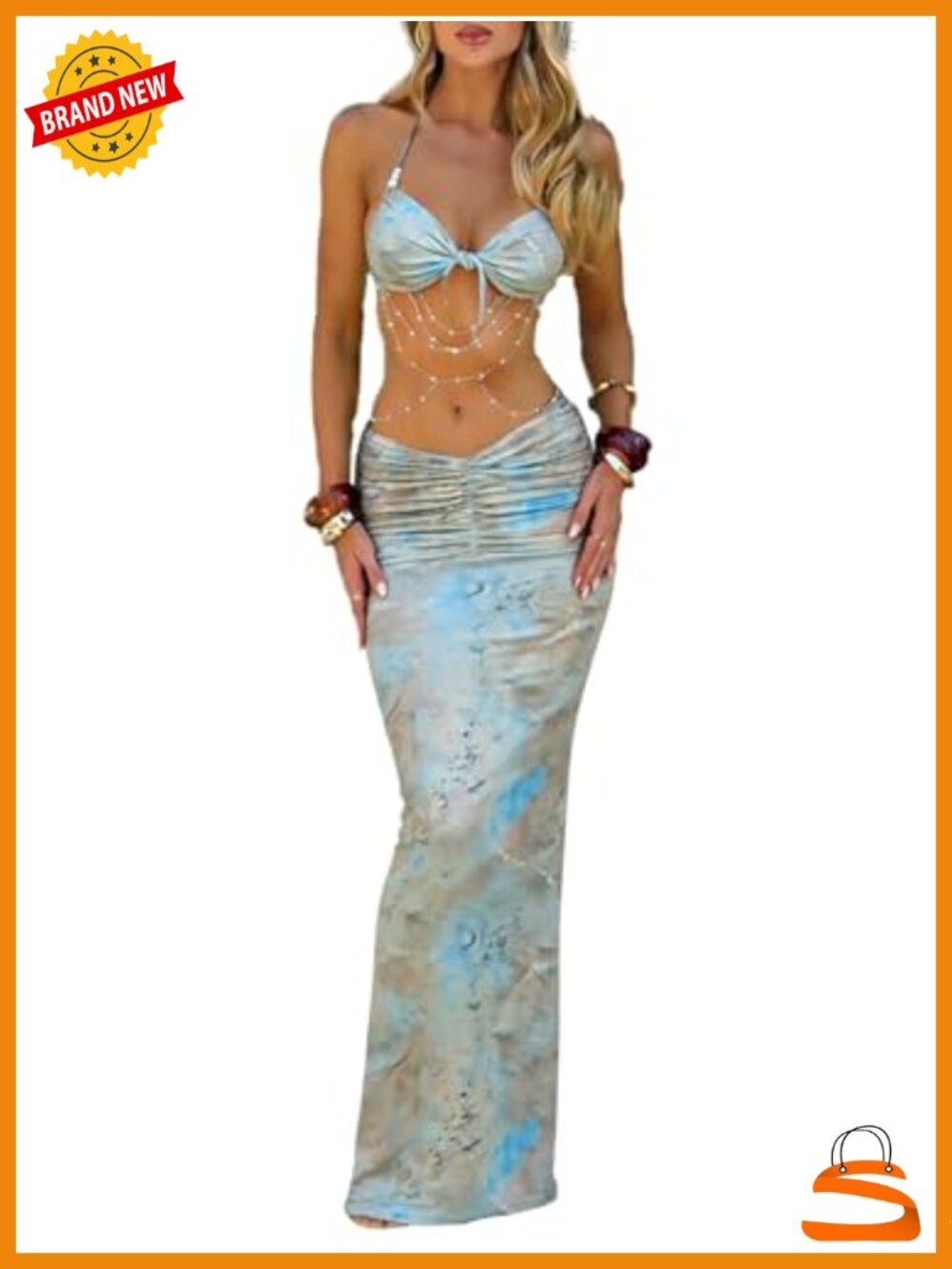 Women's 2 Piece Maxi Skirt Set Ruched Bodycon Crop Top Cut Out Pearls Chain